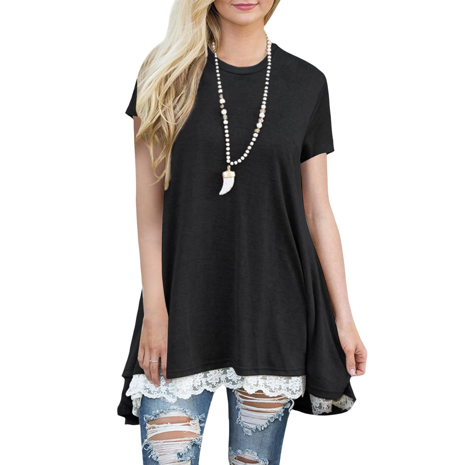 Lace Trim Short Sleeve Shirt for Women, Swing Tunic Blouse Crew Neck Flowy Flared Tops Trendy 2026 Casual T Shirt