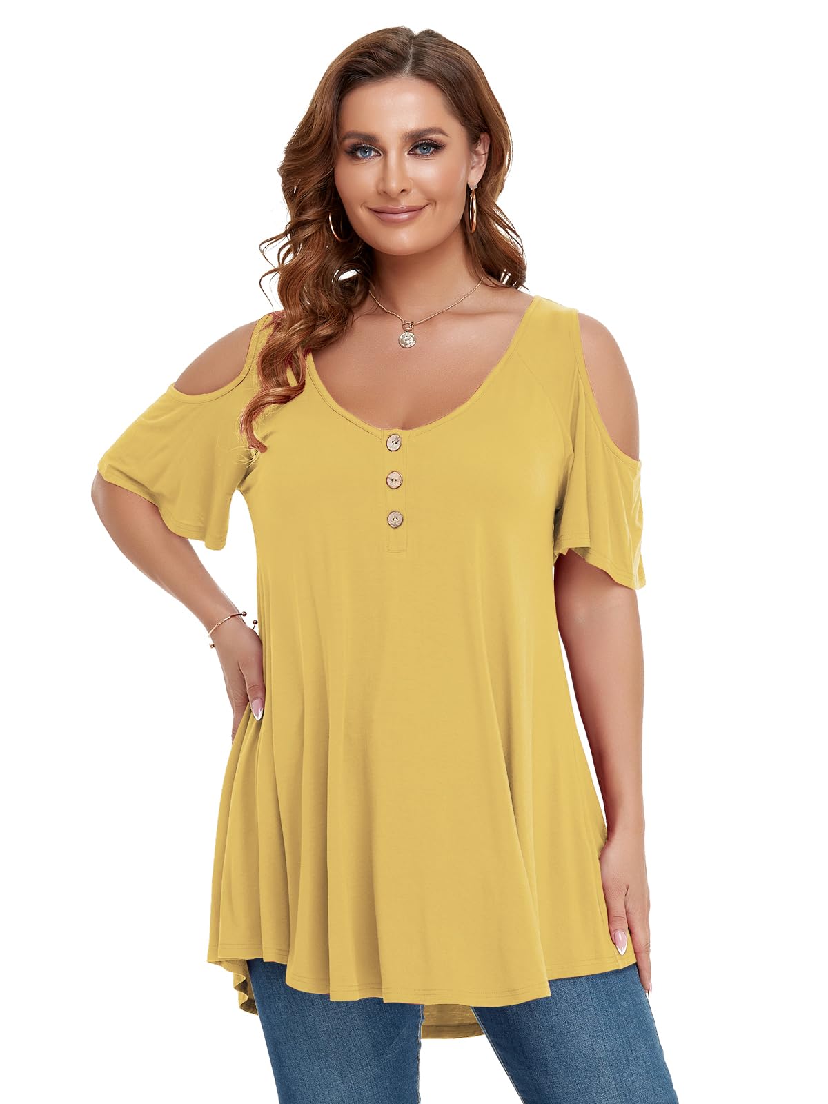 LARACE Cold Shoulder Tops for Women Plus Size V Neck T Shirts Short Sleeve Summer Clothes Button Up Tunic