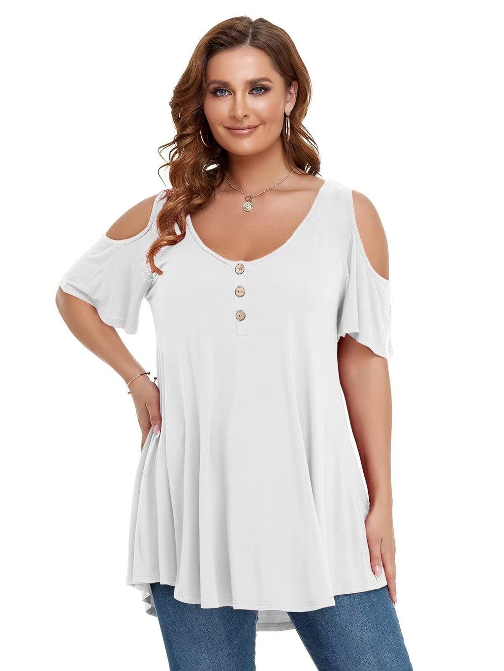 LARACE Cold Shoulder Tops for Women Plus Size V Neck T Shirts Short Sleeve Summer Clothes Button Up Tunic