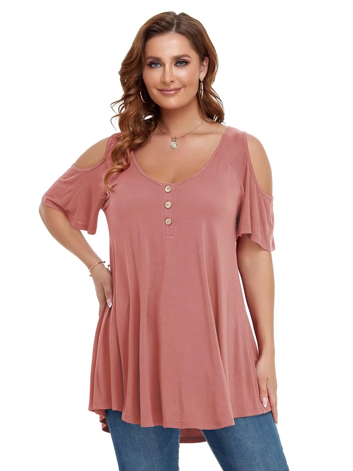 LARACE Cold Shoulder Tops for Women Plus Size V Neck T Shirts Short Sleeve Summer Clothes Button Up Tunic