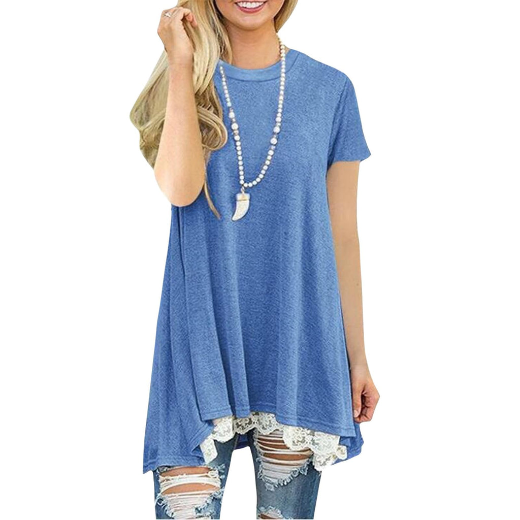 Lace Trim Short Sleeve Shirt for Women, Swing Tunic Blouse Crew Neck Flowy Flared Tops Trendy 2026 Casual T Shirt