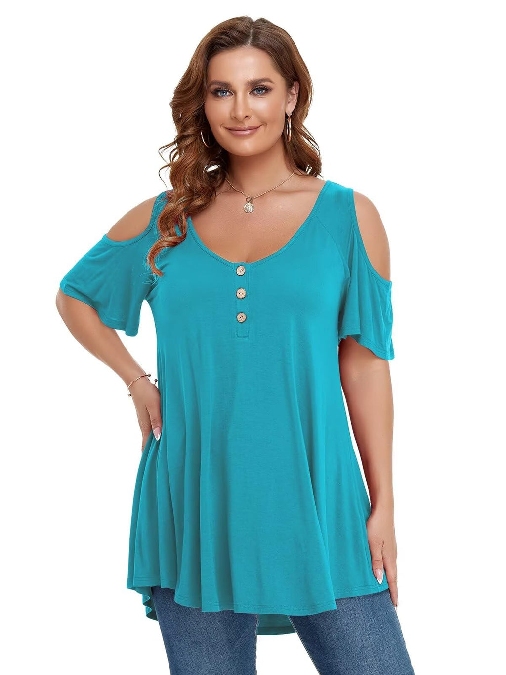 LARACE Cold Shoulder Tops for Women Plus Size V Neck T Shirts Short Sleeve Summer Clothes Button Up Tunic