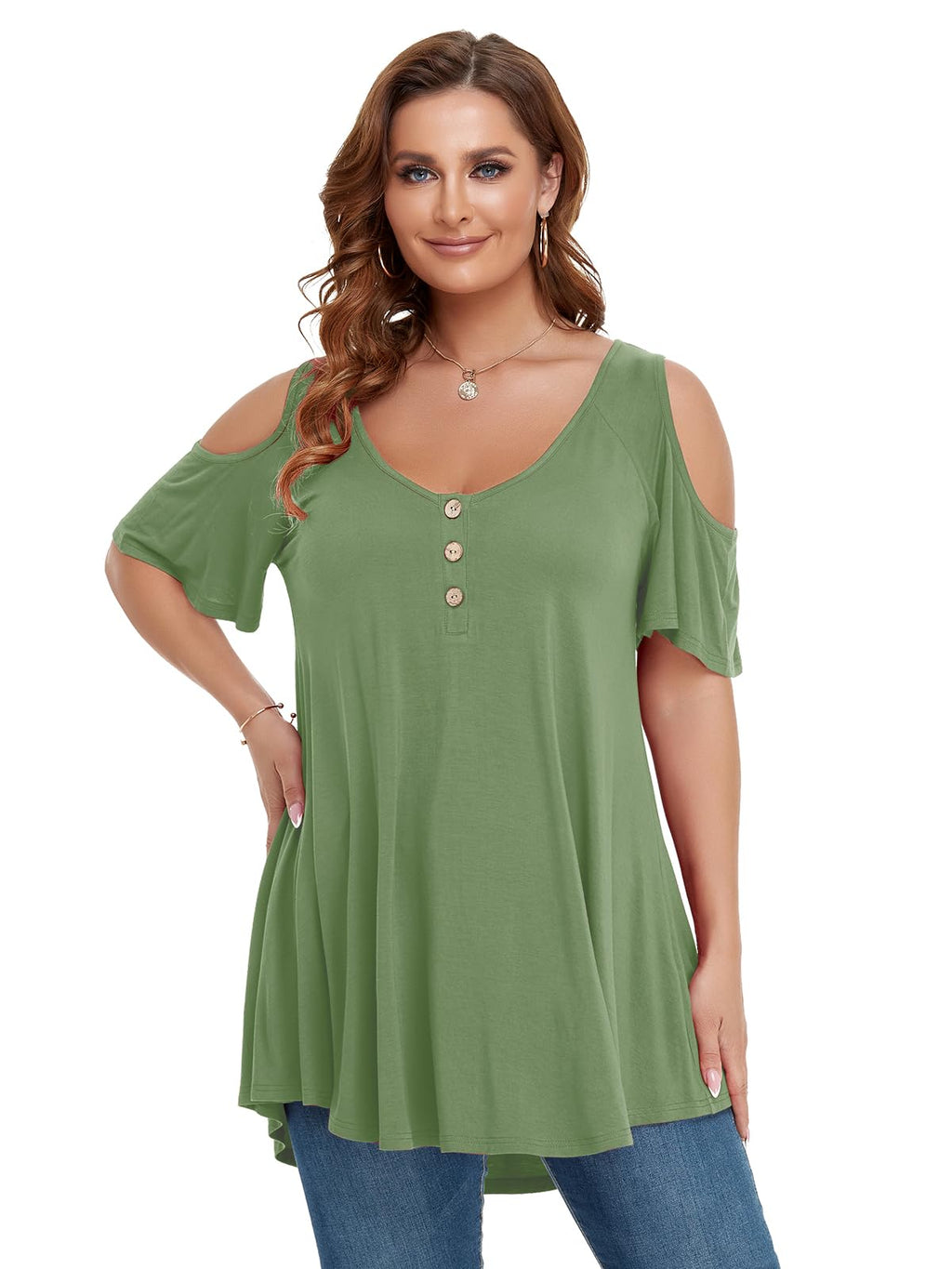 LARACE Cold Shoulder Tops for Women Plus Size V Neck T Shirts Short Sleeve Summer Clothes Button Up Tunic