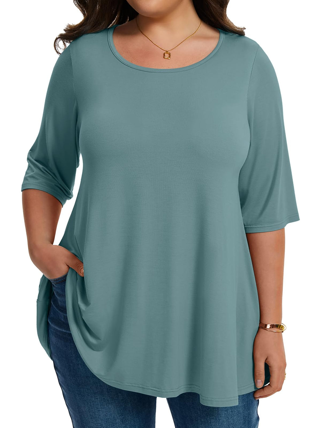 LARACE Elbow Sleeve Plus Size Tops for Women Round Neck Women's Half Sleeves Tunic Spring Summer Fall Clothes Shirts Blouse
