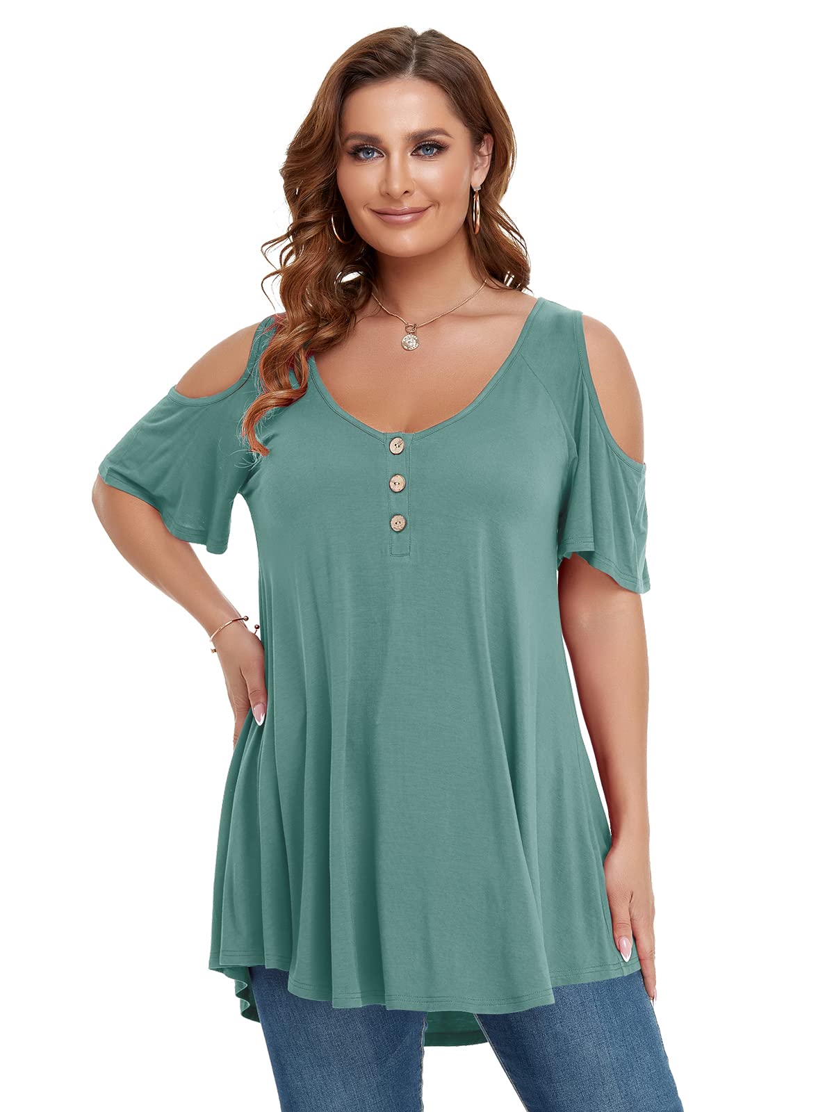 LARACE Cold Shoulder Tops for Women Plus Size V Neck T Shirts Short Sleeve Summer Clothes Button Up Tunic