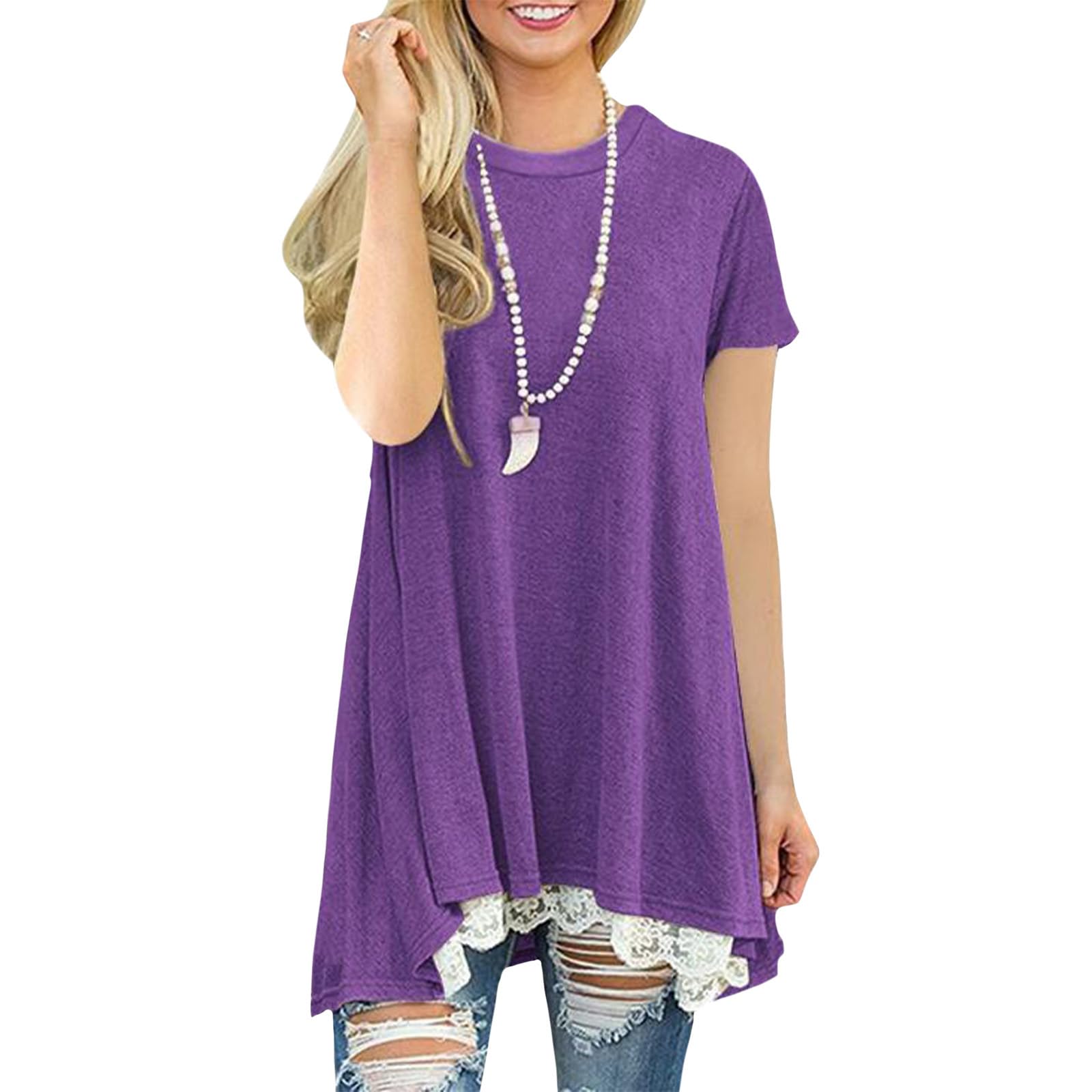 Lace Trim Short Sleeve Shirt for Women, Swing Tunic Blouse Crew Neck Flowy Flared Tops Trendy 2026 Casual T Shirt