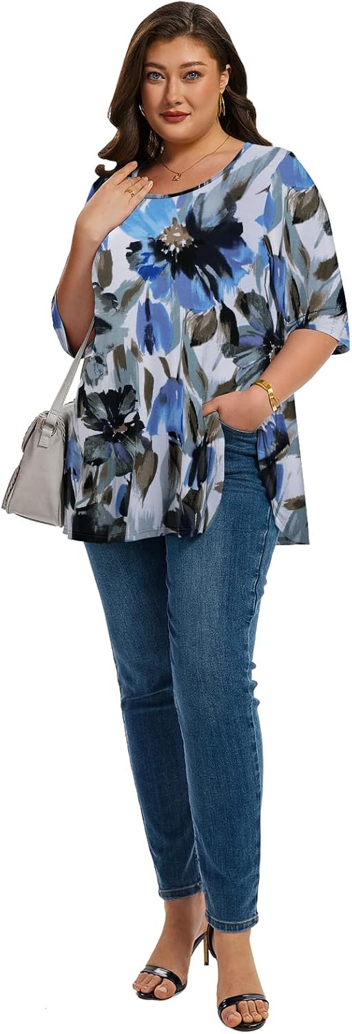 LARACE Elbow Sleeve Plus Size Tops for Women Round Neck Women's Half Sleeves Tunic Spring Summer Fall Clothes Shirts Blouse