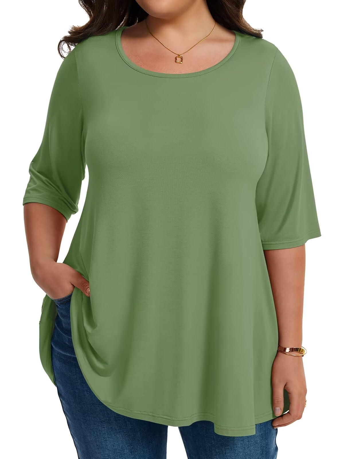 LARACE Elbow Sleeve Plus Size Tops for Women Round Neck Women's Half Sleeves Tunic Spring Summer Fall Clothes Shirts Blouse