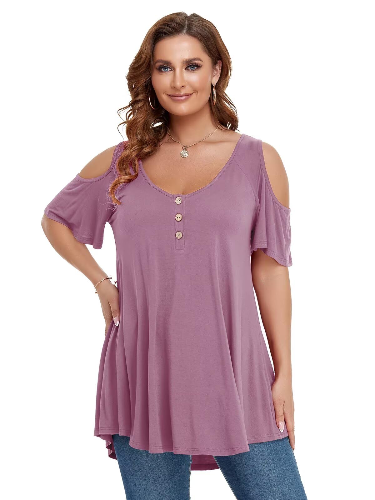 LARACE Cold Shoulder Tops for Women Plus Size V Neck T Shirts Short Sleeve Summer Clothes Button Up Tunic