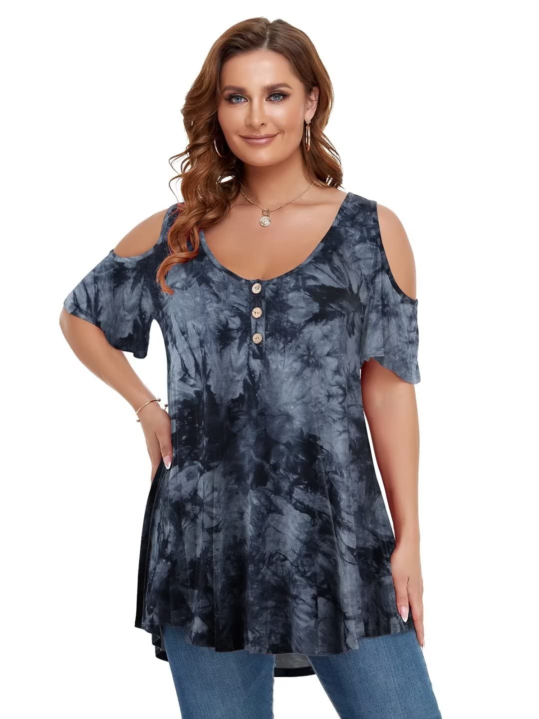 LARACE Cold Shoulder Tops for Women Plus Size V Neck T Shirts Short Sleeve Summer Clothes Button Up Tunic