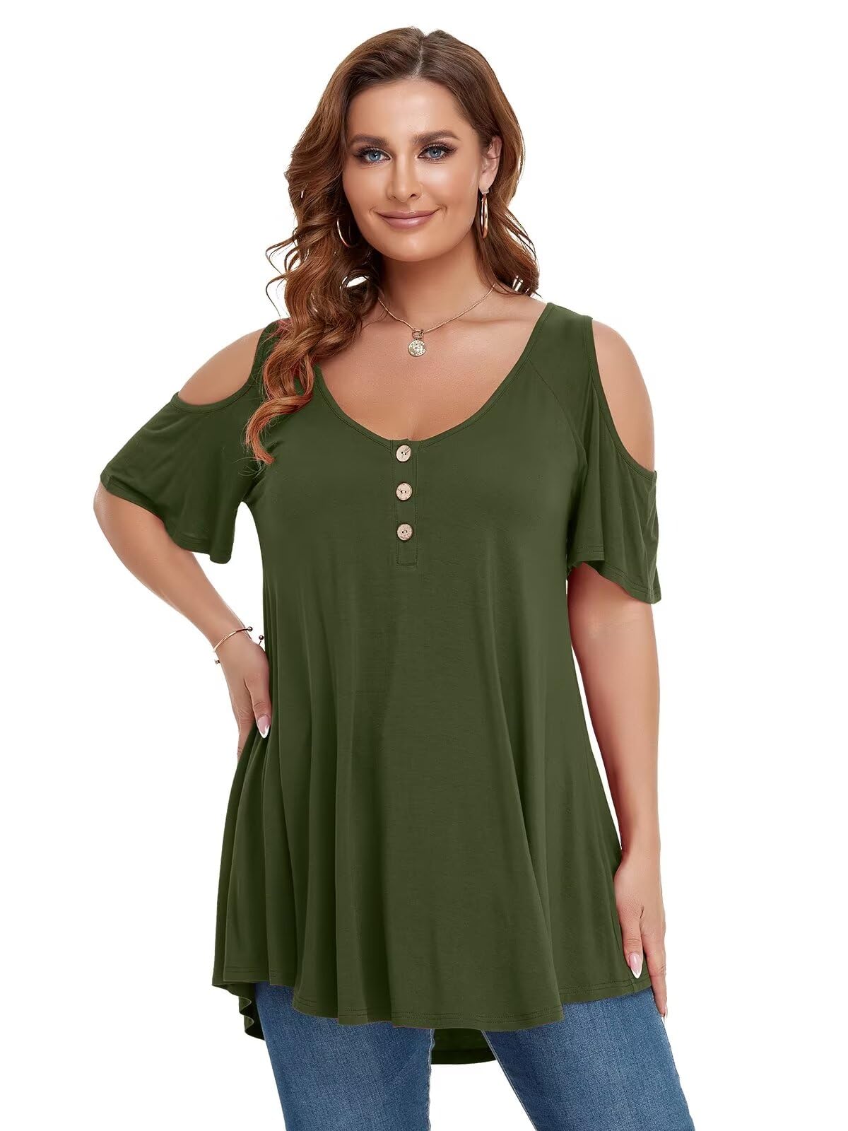 LARACE Cold Shoulder Tops for Women Plus Size V Neck T Shirts Short Sleeve Summer Clothes Button Up Tunic
