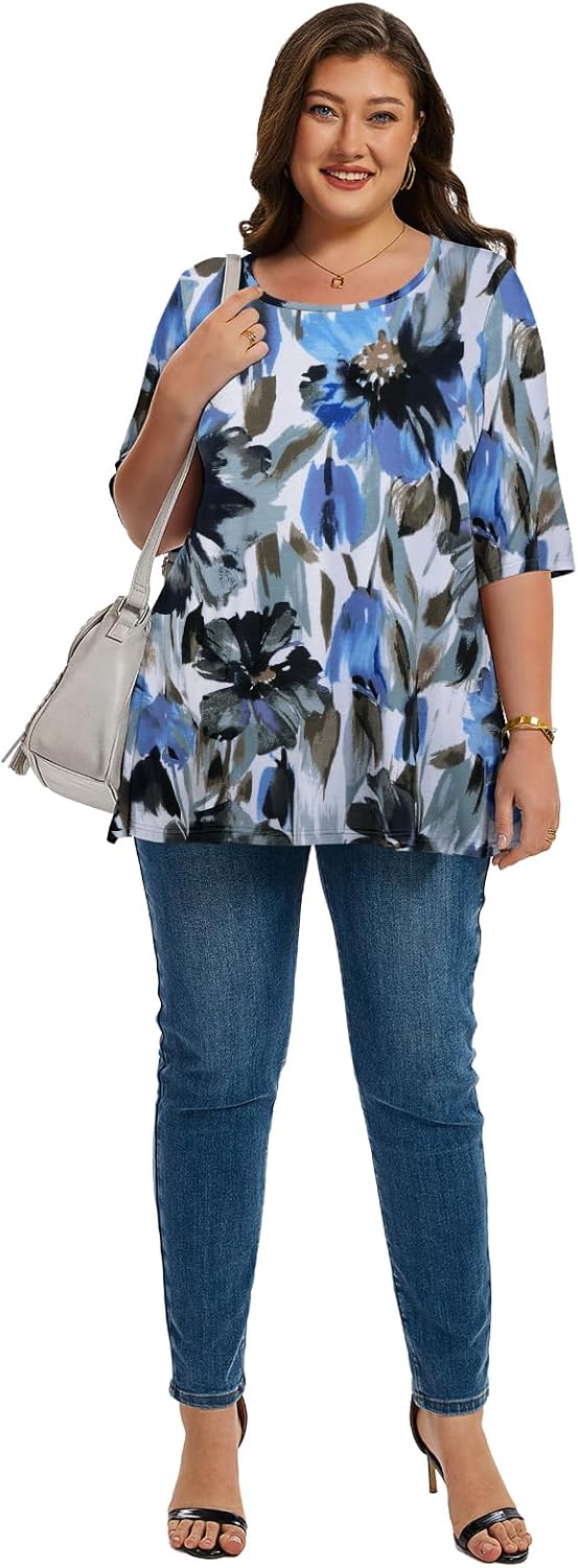 LARACE Elbow Sleeve Plus Size Tops for Women Round Neck Women's Half Sleeves Tunic Spring Summer Fall Clothes Shirts Blouse