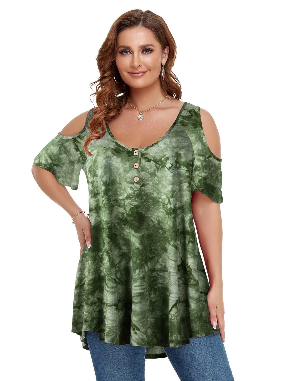 LARACE Cold Shoulder Tops for Women Plus Size V Neck T Shirts Short Sleeve Summer Clothes Button Up Tunic
