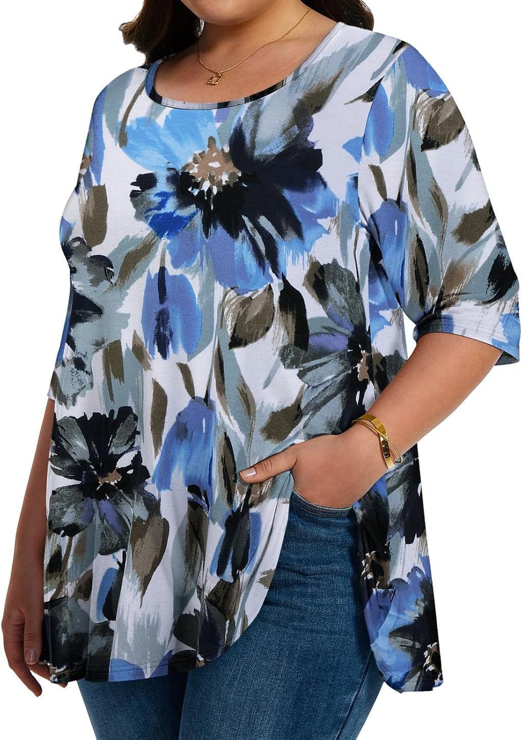 LARACE Elbow Sleeve Plus Size Tops for Women Round Neck Women's Half Sleeves Tunic Spring Summer Fall Clothes Shirts Blouse