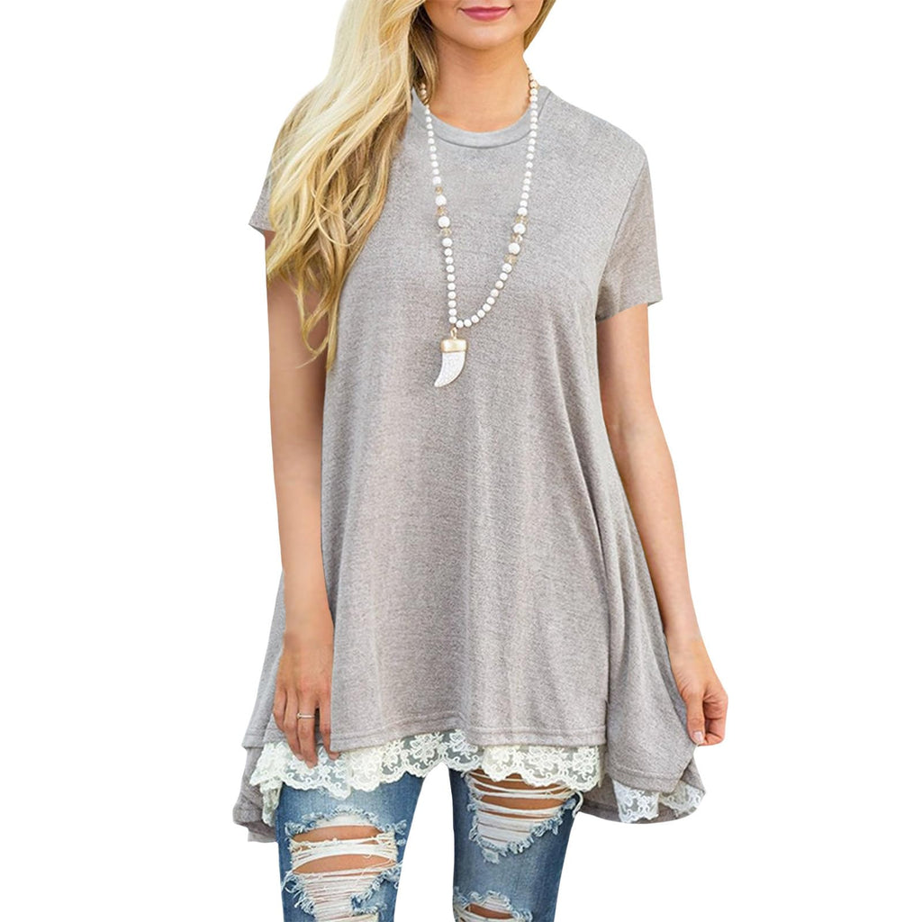 Lace Trim Short Sleeve Shirt for Women, Swing Tunic Blouse Crew Neck Flowy Flared Tops Trendy 2026 Casual T Shirt