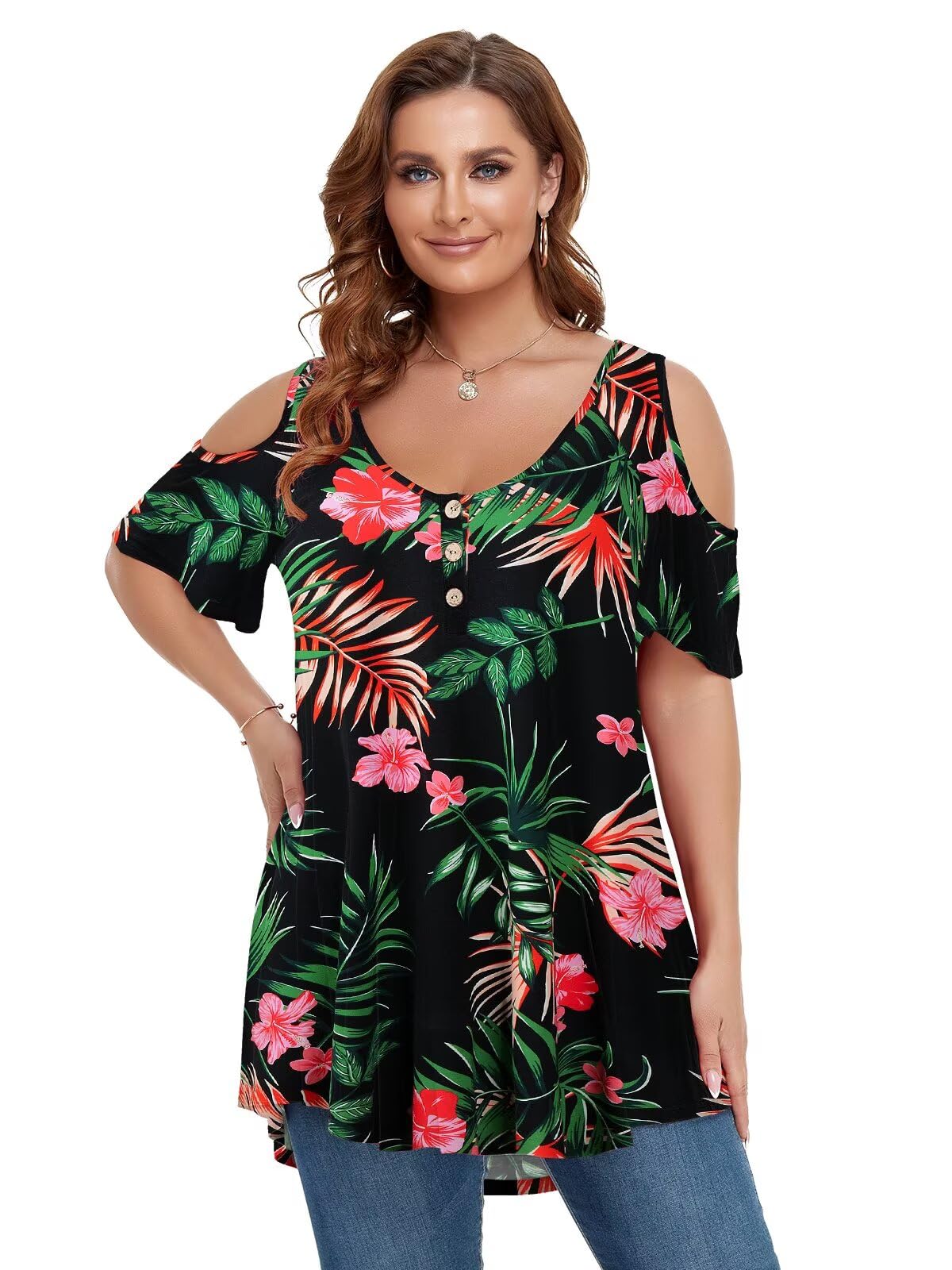 LARACE Cold Shoulder Tops for Women Plus Size V Neck T Shirts Short Sleeve Summer Clothes Button Up Tunic