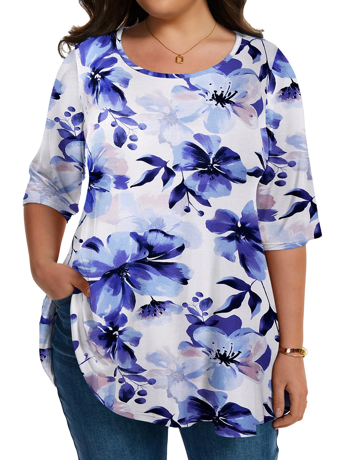LARACE Elbow Sleeve Plus Size Tops for Women Round Neck Women's Half Sleeves Tunic Spring Summer Fall Clothes Shirts Blouse
