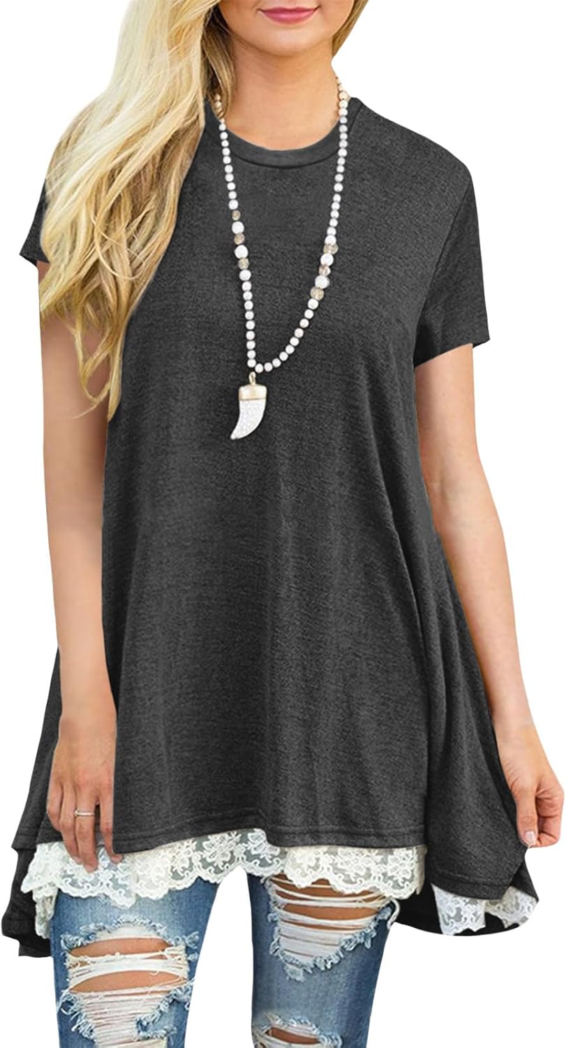 Lace Trim Short Sleeve Shirt for Women, Swing Tunic Blouse Crew Neck Flowy Flared Tops Trendy 2026 Casual T Shirt