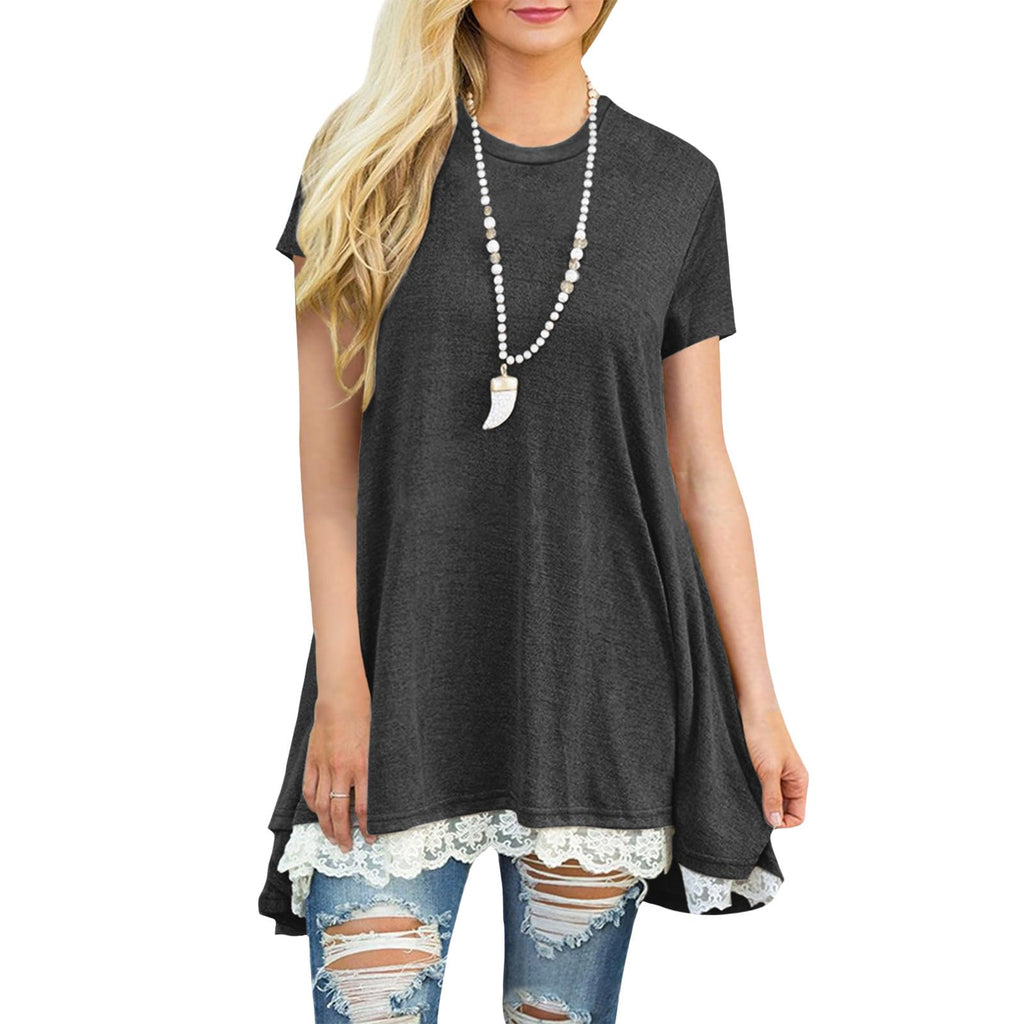 Lace Trim Short Sleeve Shirt for Women, Swing Tunic Blouse Crew Neck Flowy Flared Tops Trendy 2026 Casual T Shirt