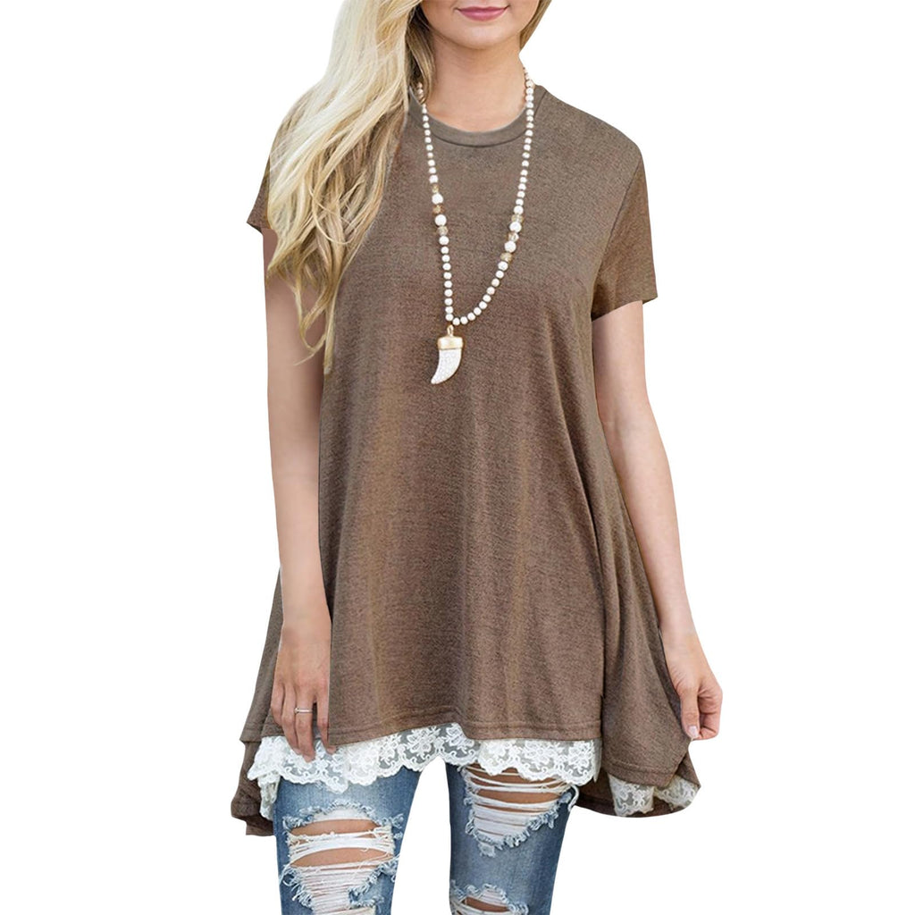 Lace Trim Short Sleeve Shirt for Women, Swing Tunic Blouse Crew Neck Flowy Flared Tops Trendy 2026 Casual T Shirt