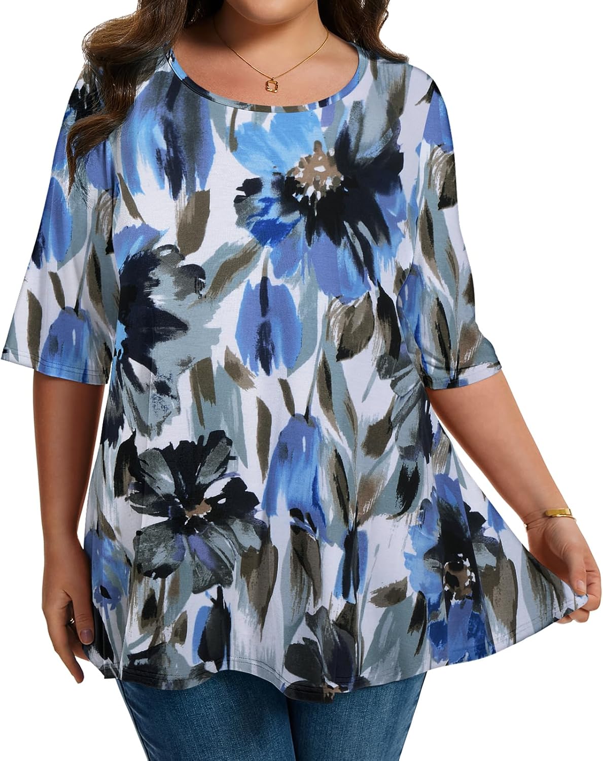 LARACE Elbow Sleeve Plus Size Tops for Women Round Neck Women's Half Sleeves Tunic Spring Summer Fall Clothes Shirts Blouse