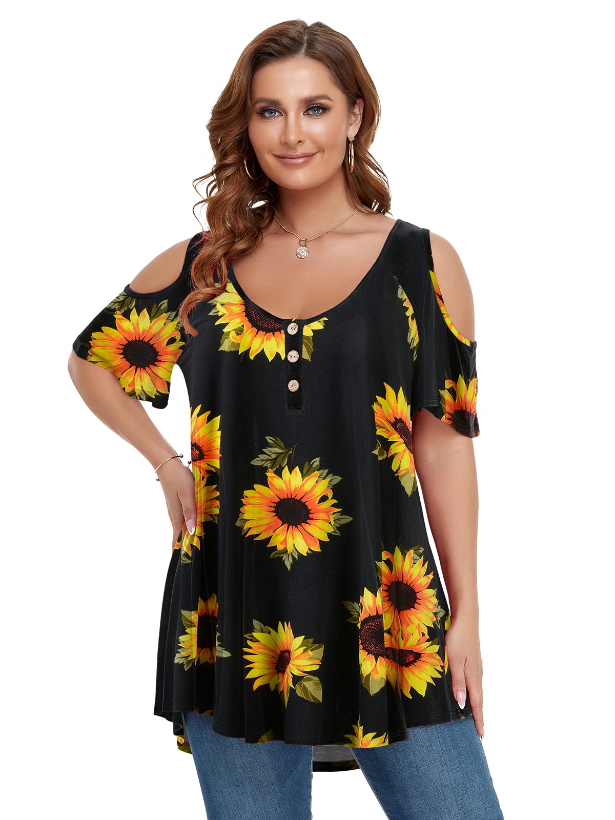 LARACE Cold Shoulder Tops for Women Plus Size V Neck T Shirts Short Sleeve Summer Clothes Button Up Tunic