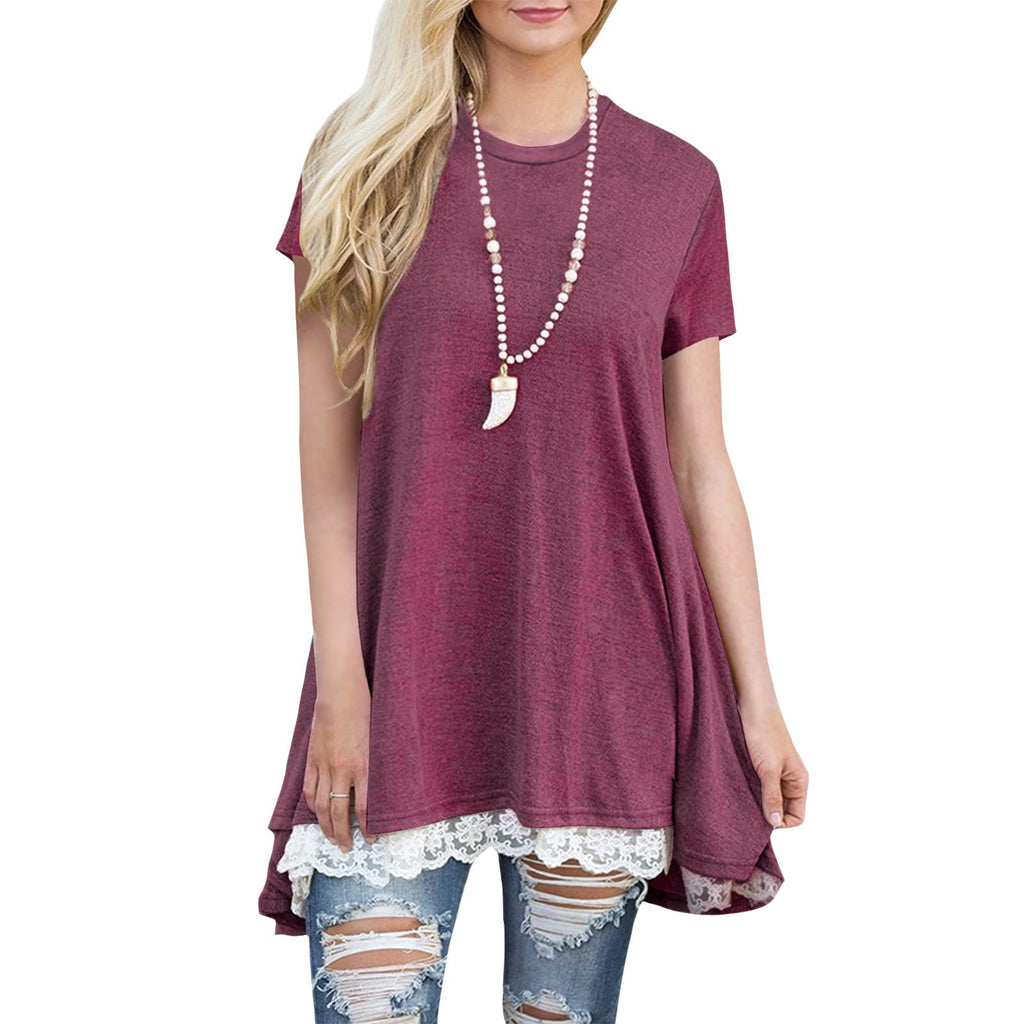 Lace Trim Short Sleeve Shirt for Women, Swing Tunic Blouse Crew Neck Flowy Flared Tops Trendy 2026 Casual T Shirt