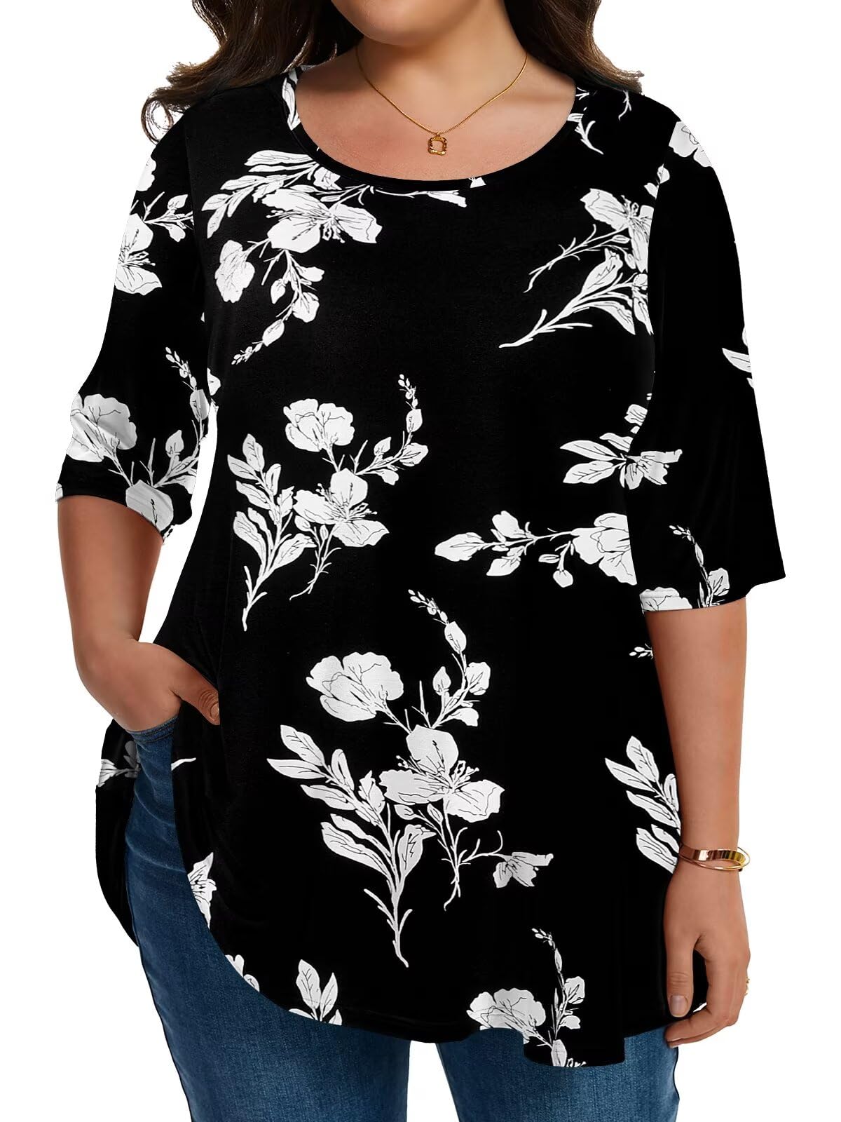 LARACE Elbow Sleeve Plus Size Tops for Women Round Neck Women's Half Sleeves Tunic Spring Summer Fall Clothes Shirts Blouse