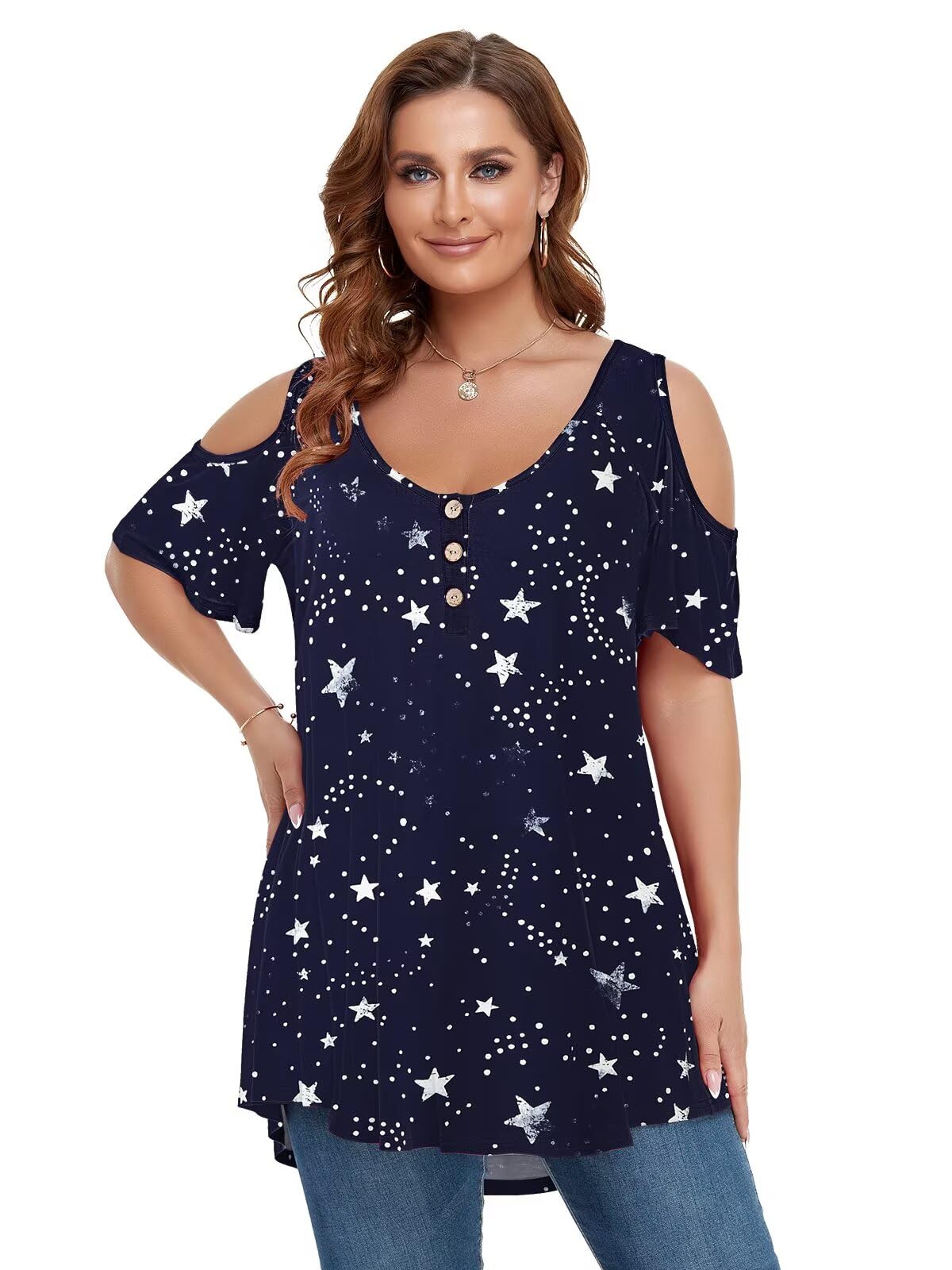LARACE Cold Shoulder Tops for Women Plus Size V Neck T Shirts Short Sleeve Summer Clothes Button Up Tunic