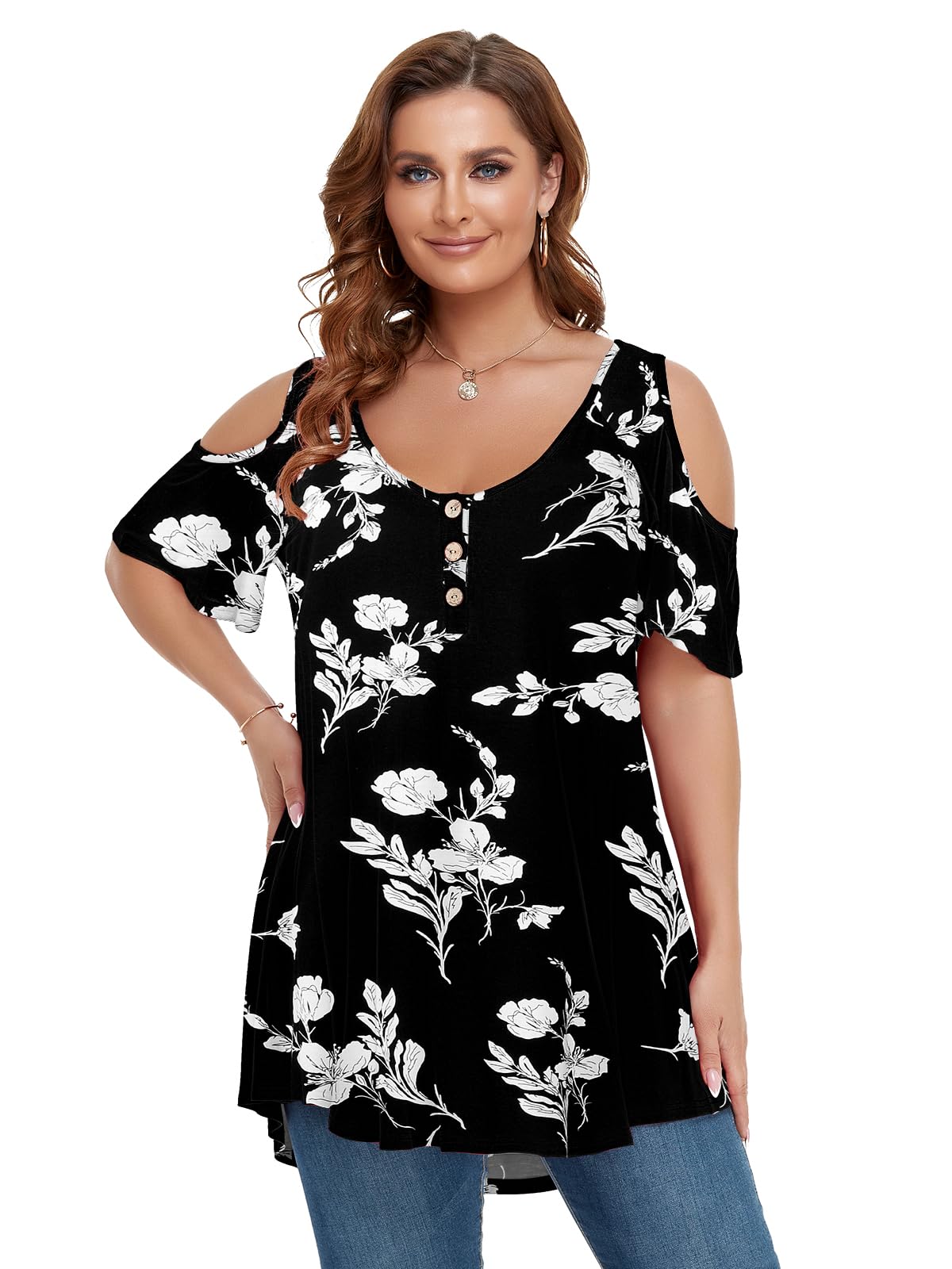LARACE Cold Shoulder Tops for Women Plus Size V Neck T Shirts Short Sleeve Summer Clothes Button Up Tunic