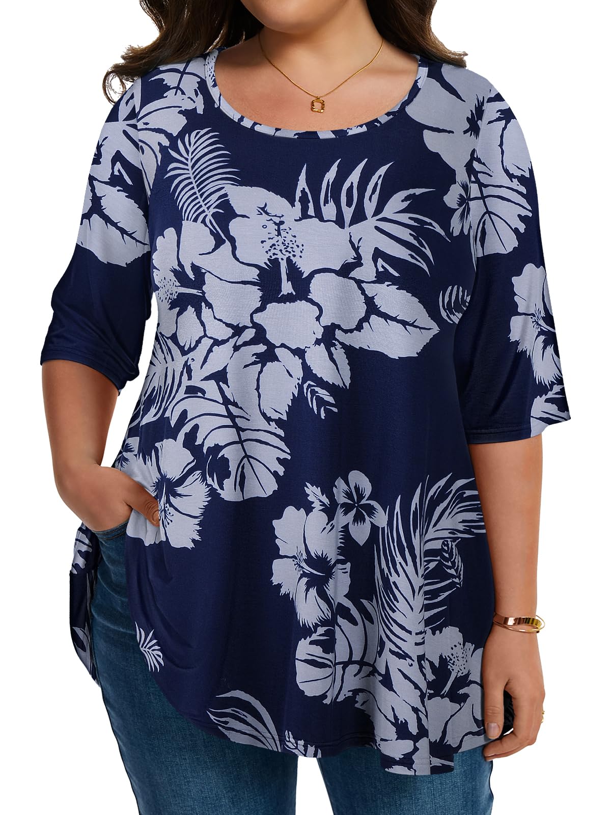 LARACE Elbow Sleeve Plus Size Tops for Women Round Neck Women's Half Sleeves Tunic Spring Summer Fall Clothes Shirts Blouse