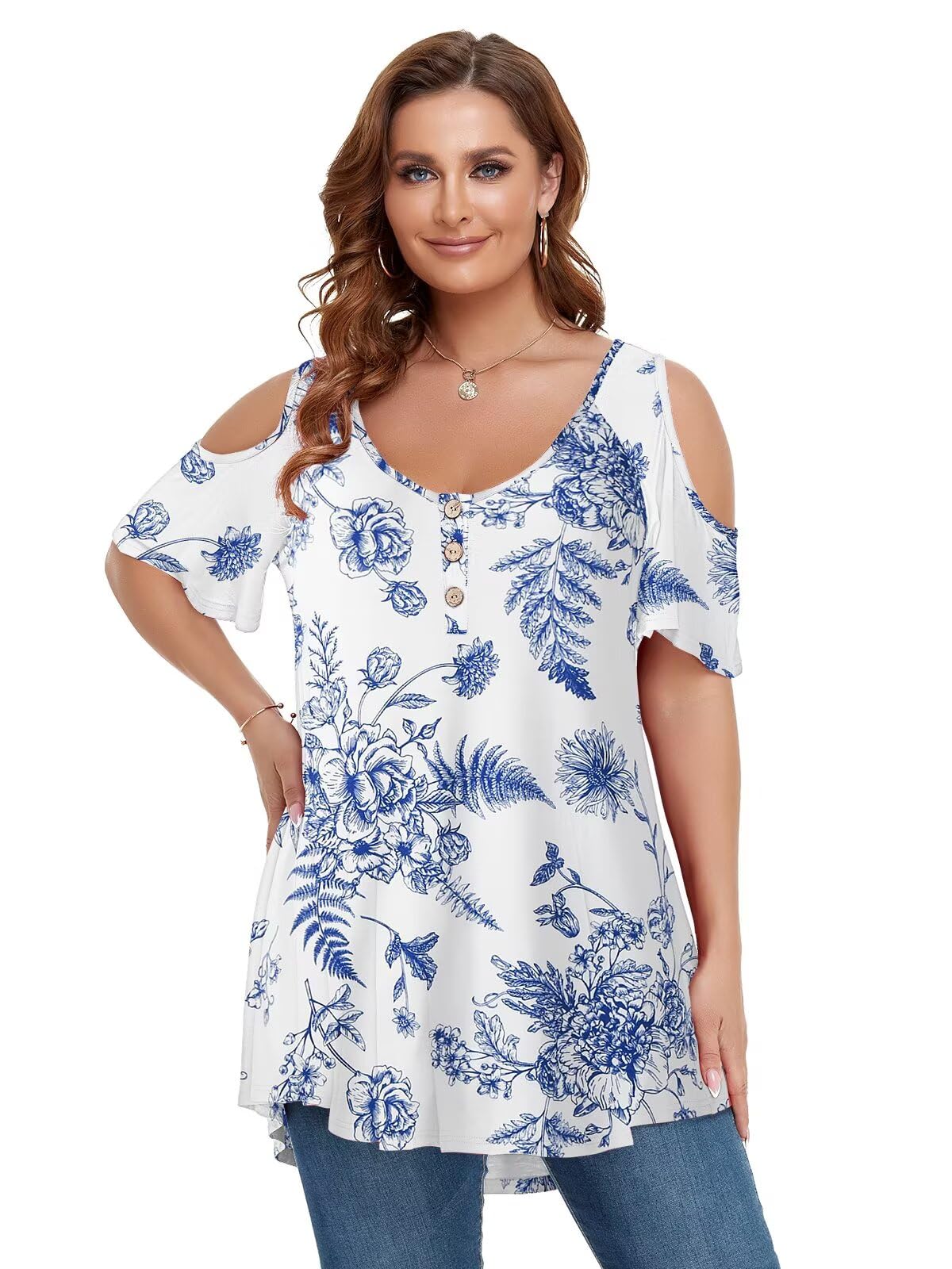 LARACE Cold Shoulder Tops for Women Plus Size V Neck T Shirts Short Sleeve Summer Clothes Button Up Tunic