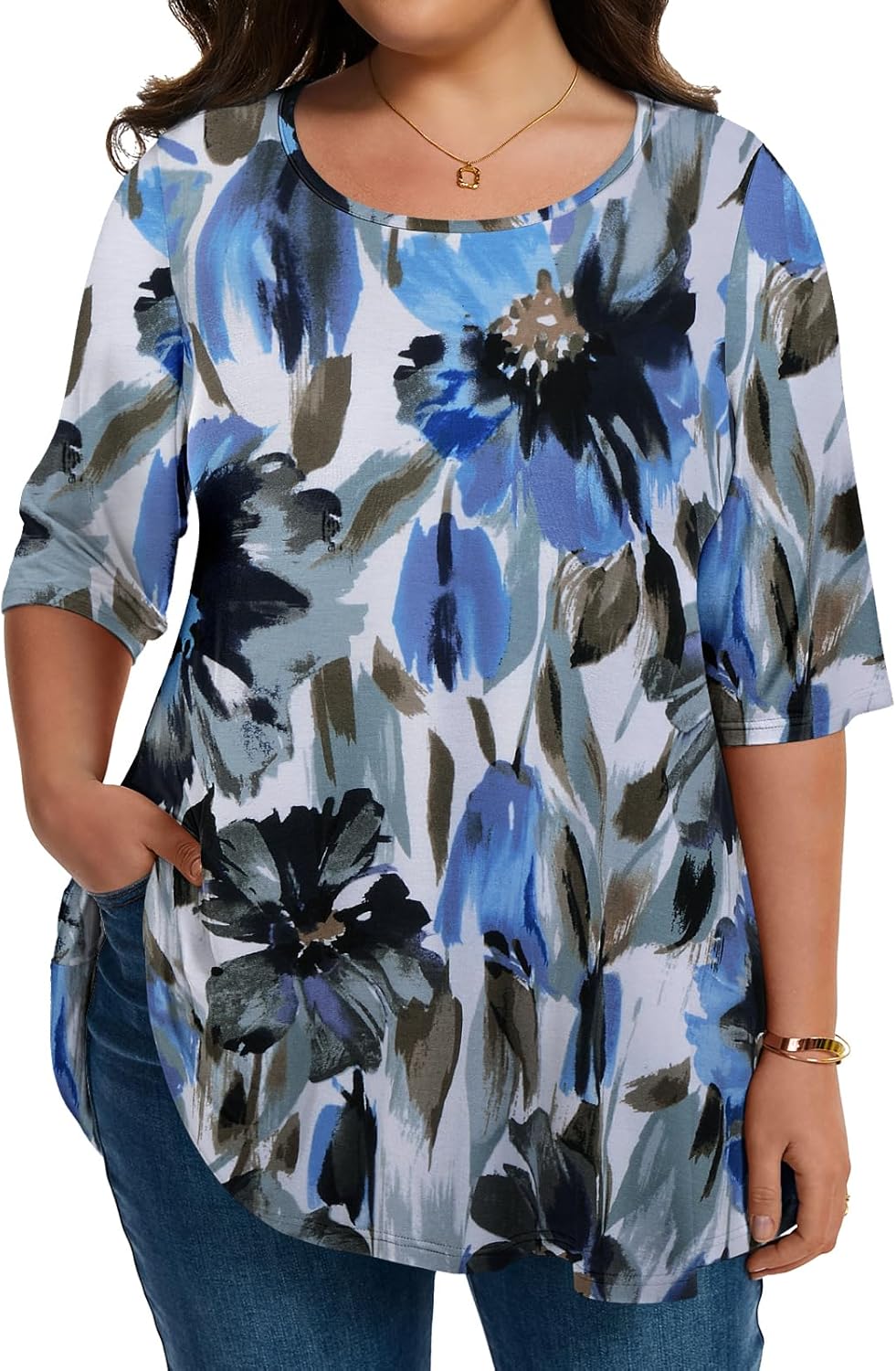 LARACE Elbow Sleeve Plus Size Tops for Women Round Neck Women's Half Sleeves Tunic Spring Summer Fall Clothes Shirts Blouse