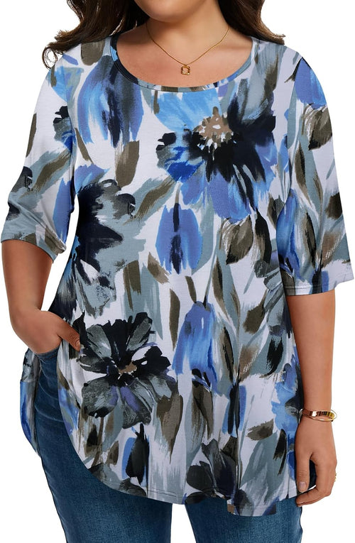 LARACE Elbow Sleeve Plus Size Tops for Women Round Neck Women's Half Sleeves Tunic Spring Summer Fall Clothes Shirts Blouse