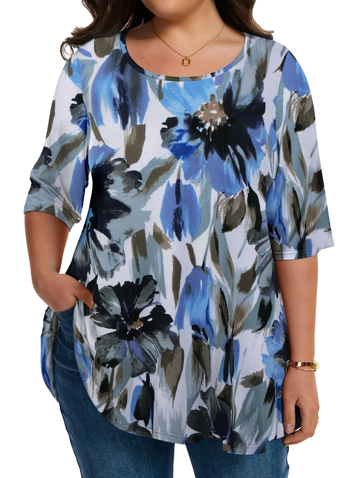 LARACE Elbow Sleeve Plus Size Tops for Women Round Neck Women's Half Sleeves Tunic Spring Summer Fall Clothes Shirts Blouse