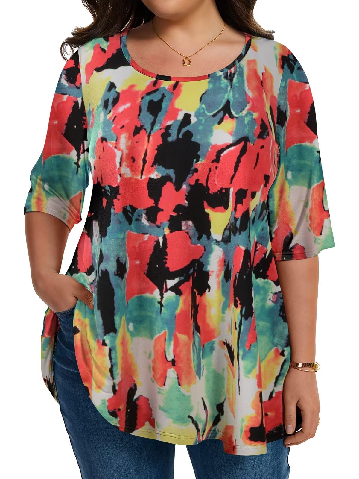 LARACE Elbow Sleeve Plus Size Tops for Women Round Neck Women's Half Sleeves Tunic Spring Summer Fall Clothes Shirts Blouse