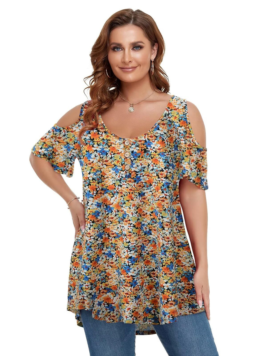 LARACE Cold Shoulder Tops for Women Plus Size V Neck T Shirts Short Sleeve Summer Clothes Button Up Tunic