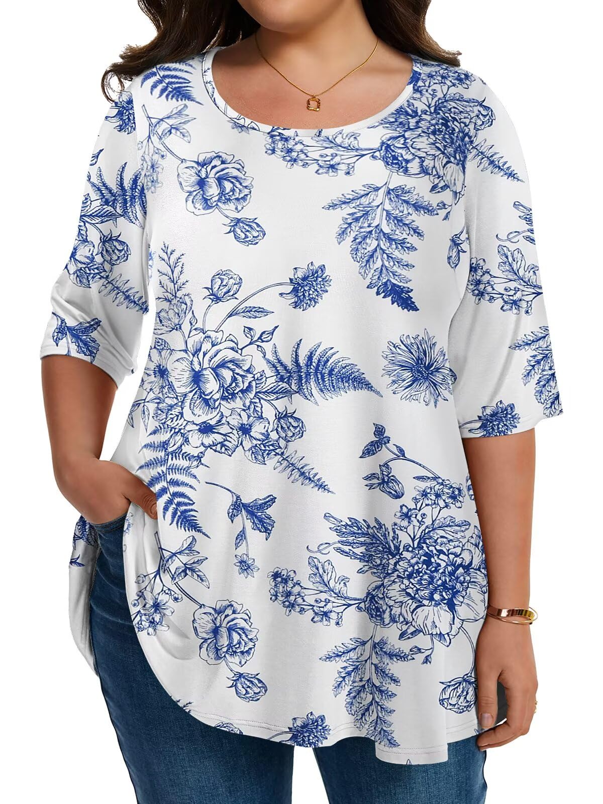 LARACE Elbow Sleeve Plus Size Tops for Women Round Neck Women's Half Sleeves Tunic Spring Summer Fall Clothes Shirts Blouse