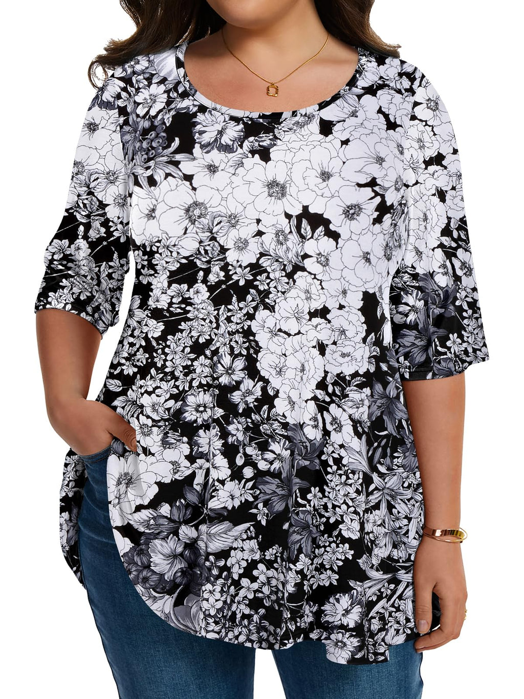 LARACE Elbow Sleeve Plus Size Tops for Women Round Neck Women's Half Sleeves Tunic Spring Summer Fall Clothes Shirts Blouse