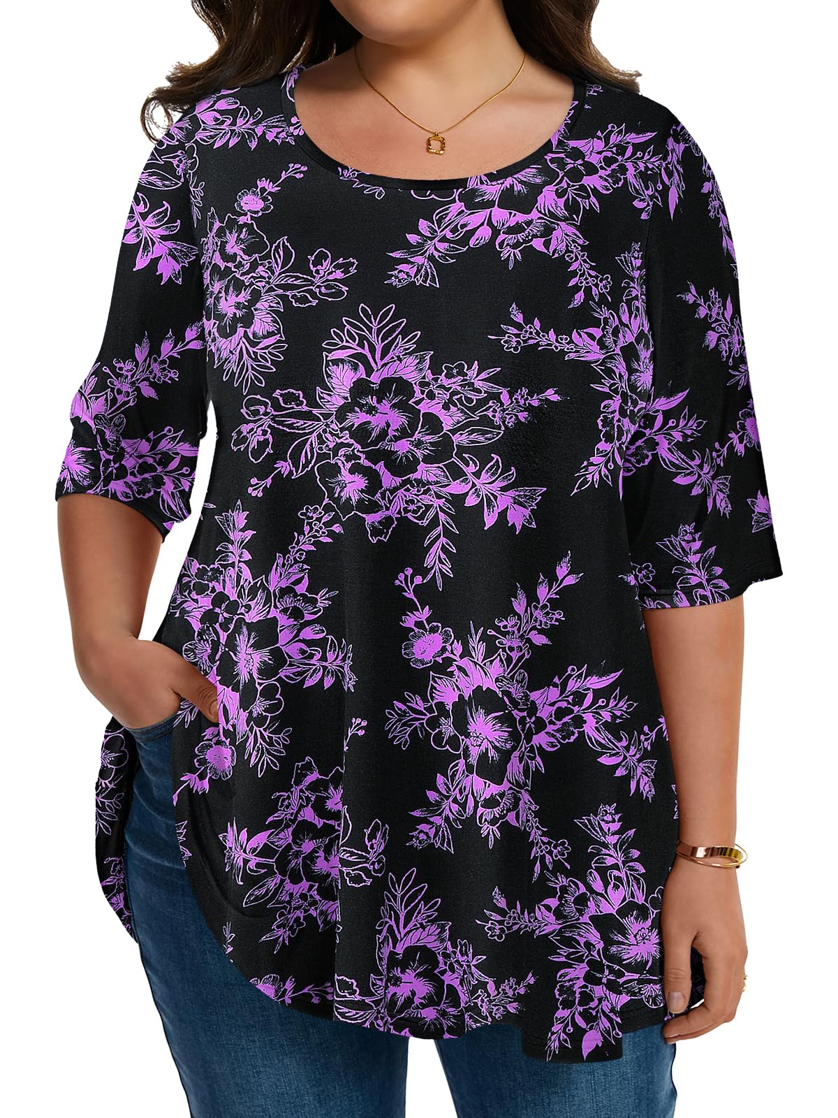 LARACE Elbow Sleeve Plus Size Tops for Women Round Neck Women's Half Sleeves Tunic Spring Summer Fall Clothes Shirts Blouse